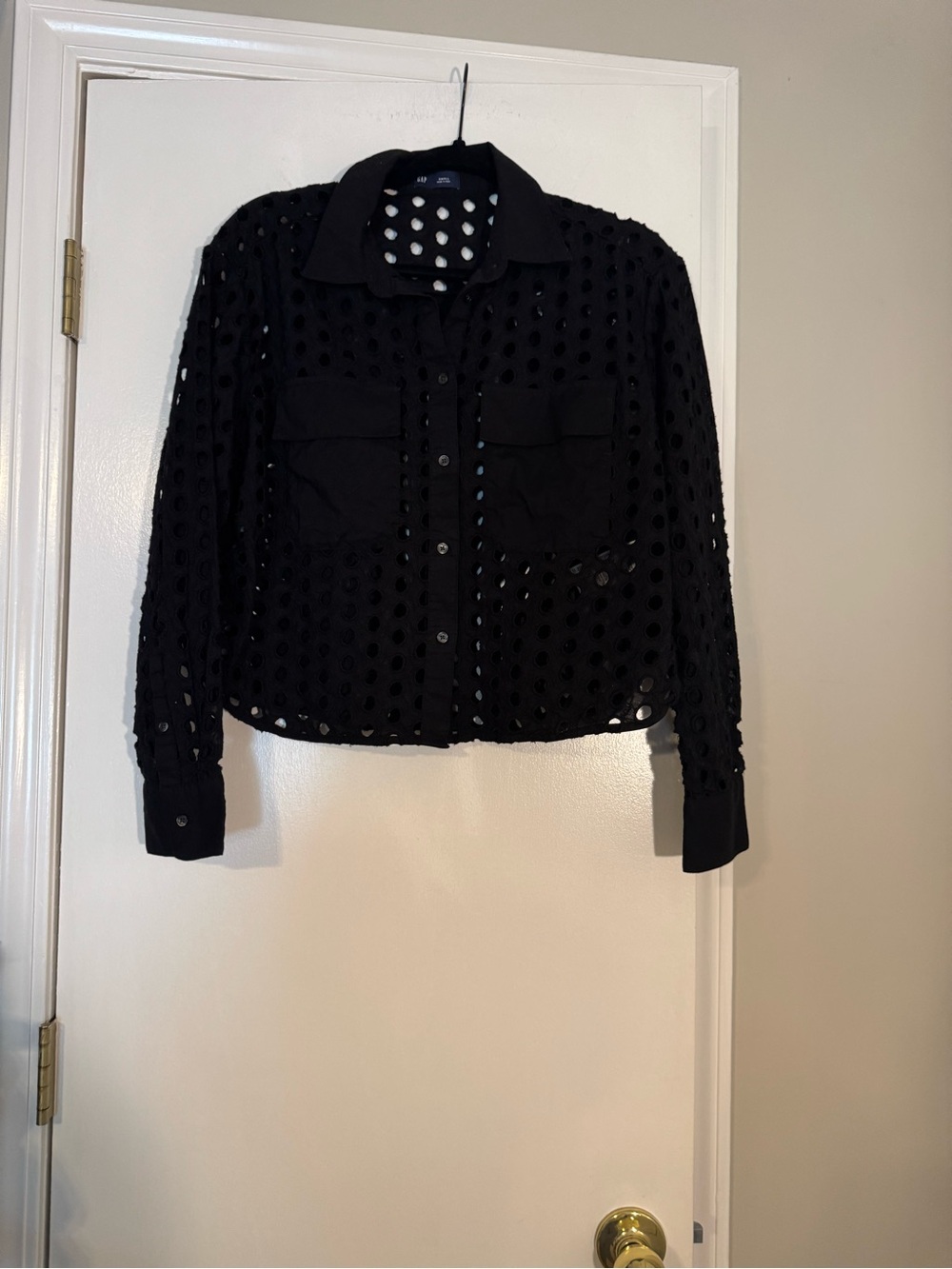 Gap button up crop top black with holes cut out see through fashionable school